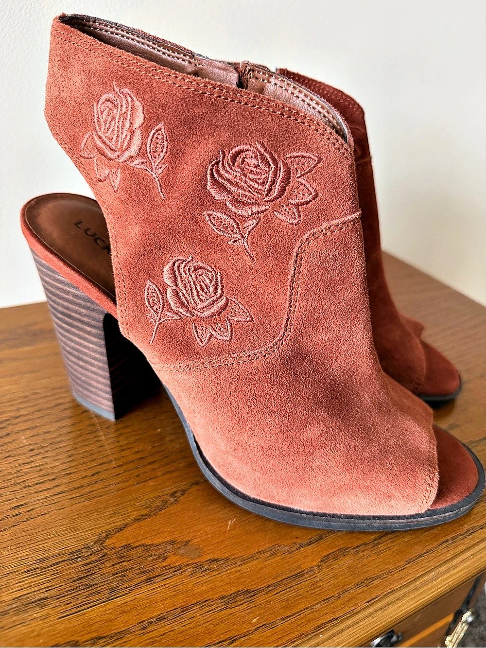 Lucky Brand Listana Embroidered Suede Peep Toe Bootie Heels in Rust & Brown